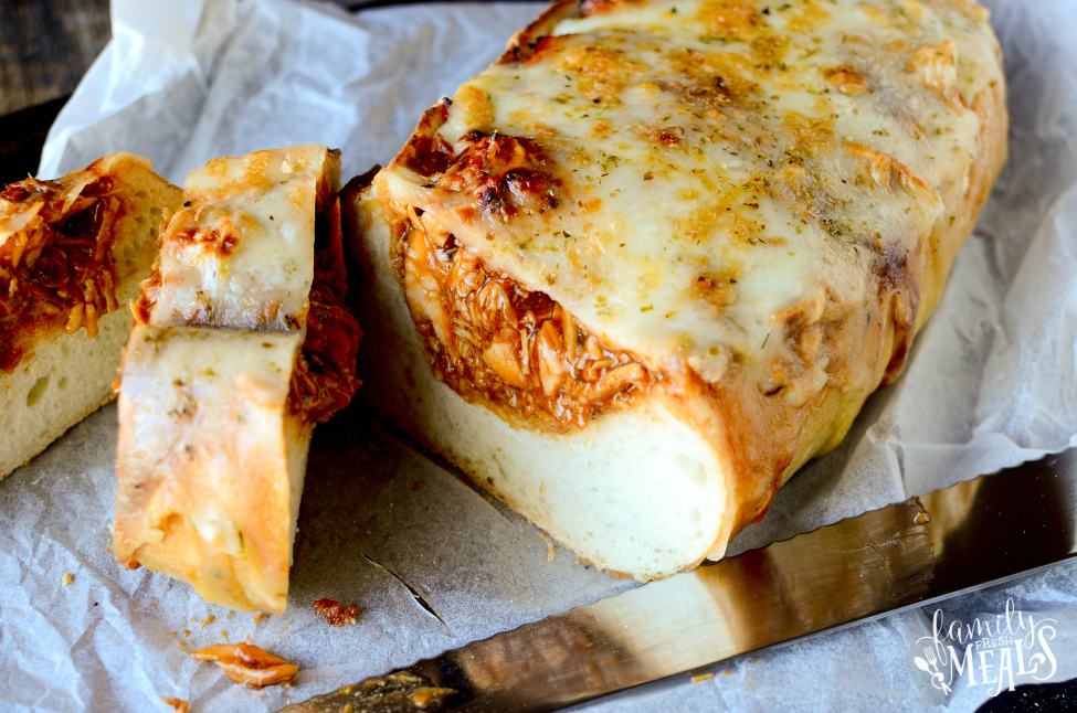 BBQ Chicken Stuffed Bread - Cut into slices and enjoy! - FamilyFreshMeals.com