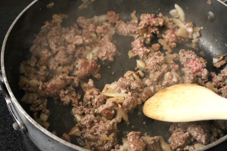 One Pot Unstuffed Cabbage Rolls - Brown beef and onion in a pan