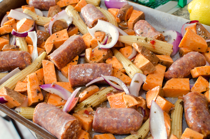 Easy Sausage Vegetable Bake - Sausage and vegetables on a sheet pan