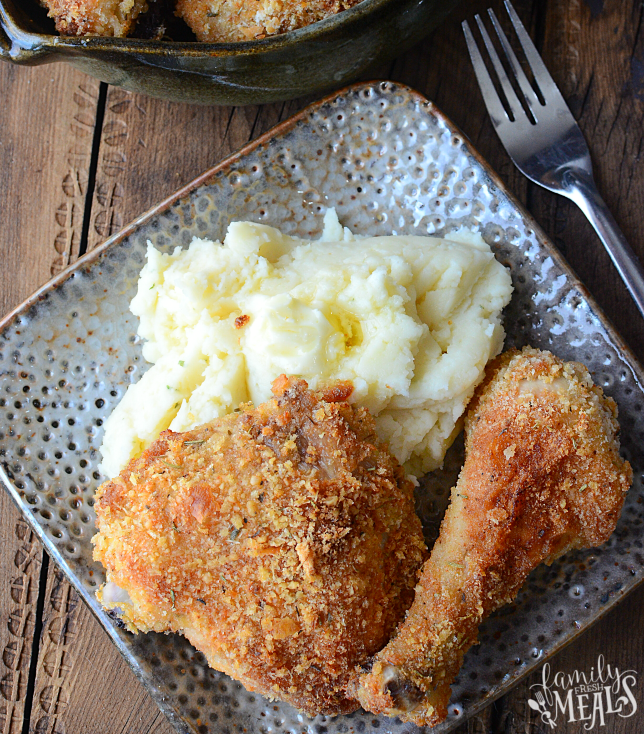 Oven Fried Chicken - served on a plate with mashed potatoes