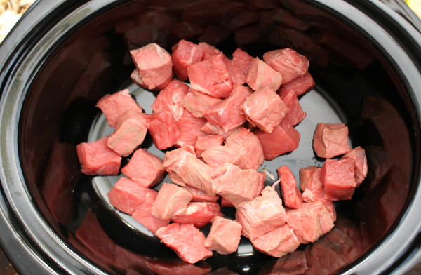 Easy Crockpot Beef Burgundy - Beef cubes in the crockpot