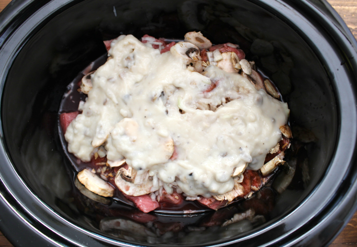 Easy Crockpot Beef Burgundy Recipe - Creamy mixture with beef, mushrooms and seasonings