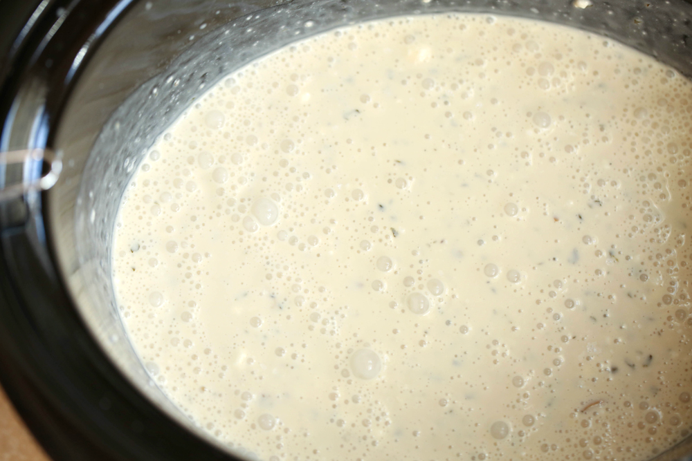 Crockpot Green Bean Casserole - cream of mushroom soup and milk mixed in crockpot