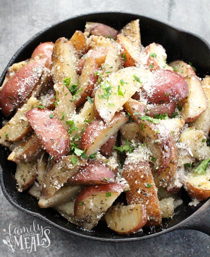 Crockpot Parmesan Potato Wedges - Easy potato wedges served in a cast iron skillet