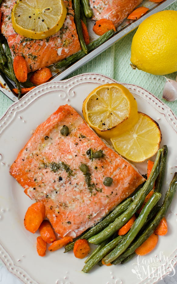 Salmon Sheet Pan Dinner - served on a white plate