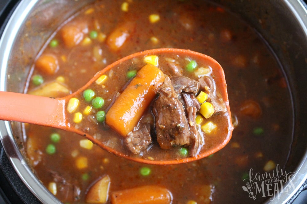 The Best Instant pot beef stew - a scoop of beef stew in a ladle 