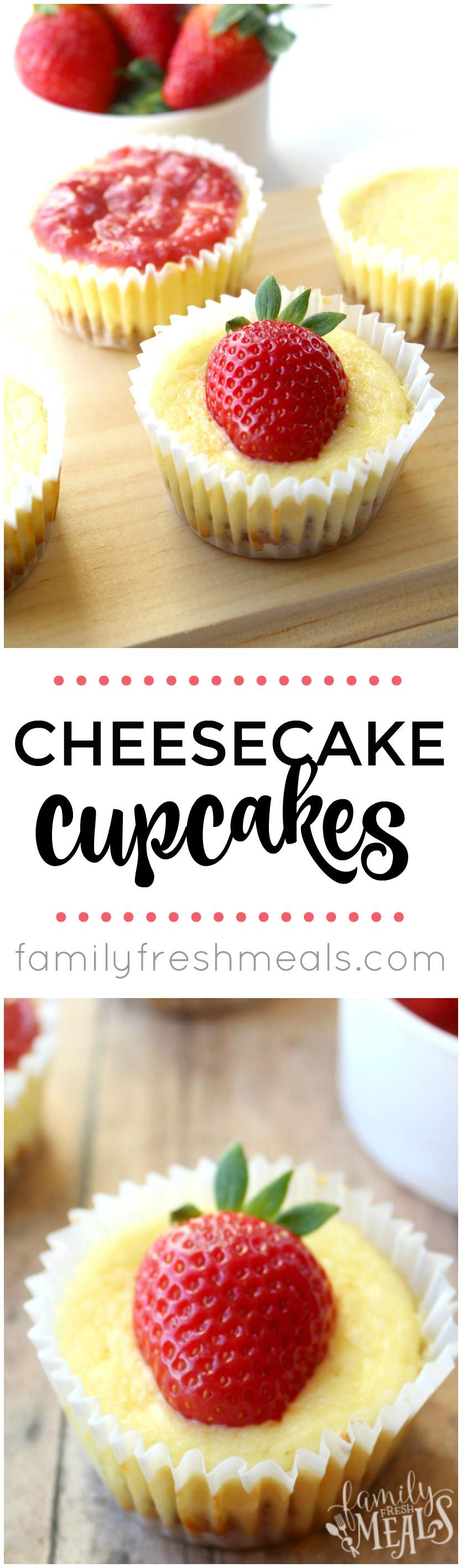 My latest twist on cheesecake is these little Strawberry Cheesecake Cupcakes. These are baked in a cupcake tin, so the portions are already dished out! via @familyfresh