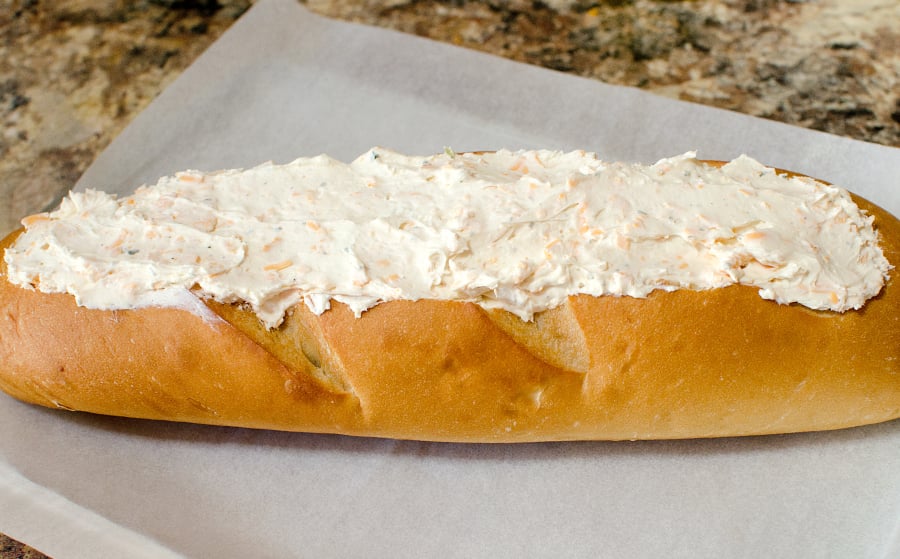 Beer Dip Stuffed Bread - cream cheese mixture in bread loaf