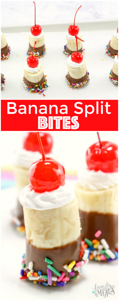 These Banana Split Bites are both in one. They have all the flavors of a frosty banana split but in bite-sized form. Both young and old will love these! via @familyfresh