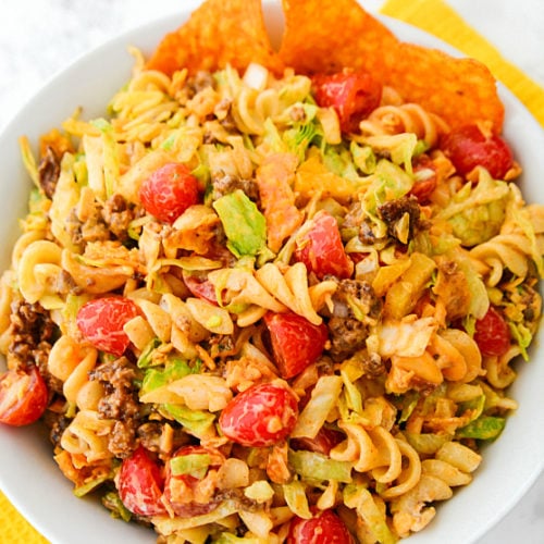 Easy Taco Pasta Salad Recipe - served in a white bowl