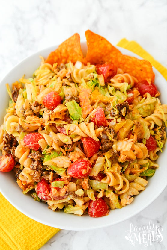 Easy Taco Pasta Salad Recipe served in a white bowl