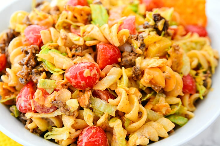 Easy Taco Pasta Salad served in a white bowl