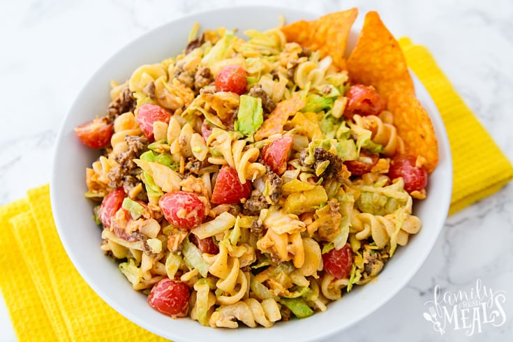 Easy Taco Pasta Salad served in a white bowl