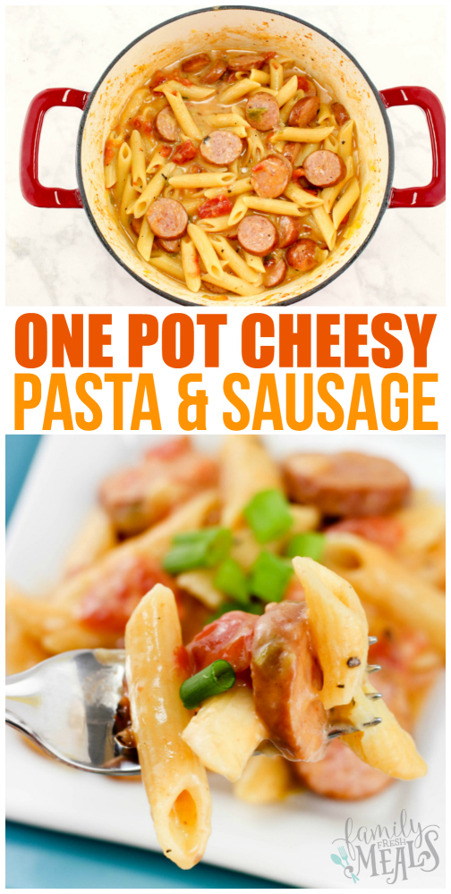 This easy One Pot Cheesy Pasta and Sausage dinner is ready in under half an hour, and it tastes as good as anything you spent all day cooking. via @familyfresh