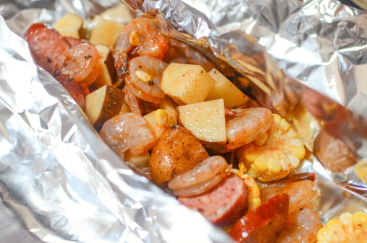 Shrimp and Sausage Foil Packets - shrimp, sausage an corn in foil packet