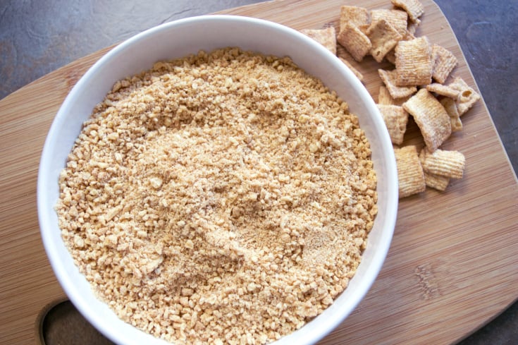 Cinnamon Toast Crunch Waffles - Cereal crumbled into a bowl