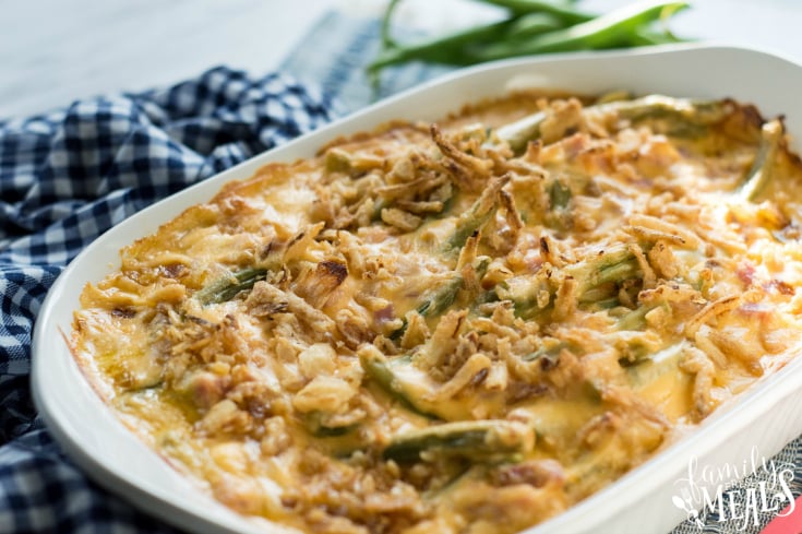 Cheesy Ham Green Bean Casserole - Cooked ham casserole in a white dish