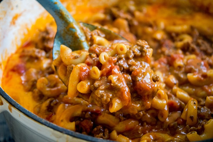 Grandma's Easy Goulash Recipe - Scooped up in a serving spoon - Family Fresh Meals