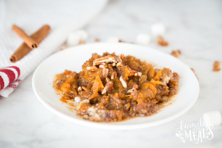 Sweet Potato Casserole with Candied Pecan Marshmallow Topping Recipe - Family Fresh Meals