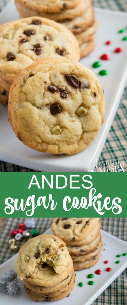 These Andes Sugar Cookies are a classic sugar cookie, sprinkled with Andes chips – little morsels with that chocolate-mint combo in every bite. via @familyfresh