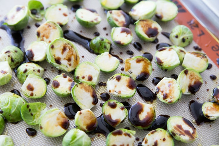 Honey Bacon Brussels Sprouts - Brussels sprouts drizzled with olive oil and balsamic vinegar