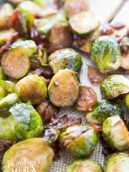 Cooked Brussels sprouts on baking sheet