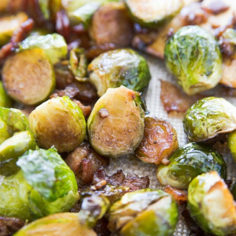 Cooked Brussels sprouts on baking sheet