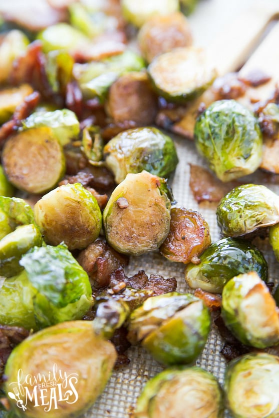 Honey Bacon Brussels Sprouts - Cooked Brussels sprouts on baking sheet