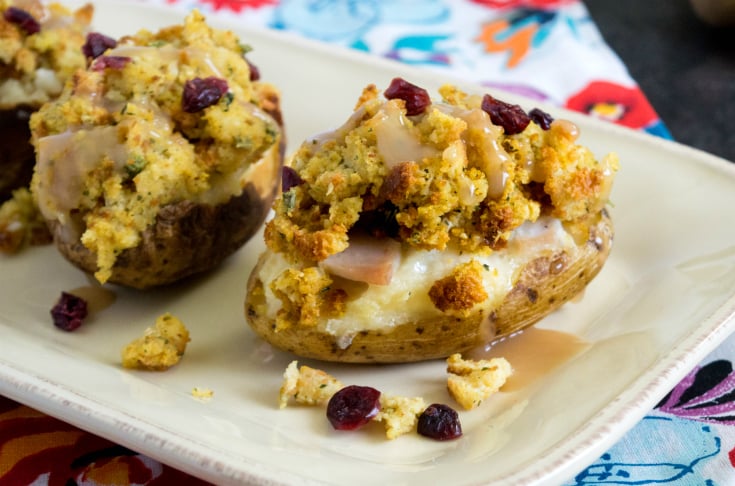 Loaded Thanksgiving Leftover Baked Potatoes - Loaded potatoes on plate