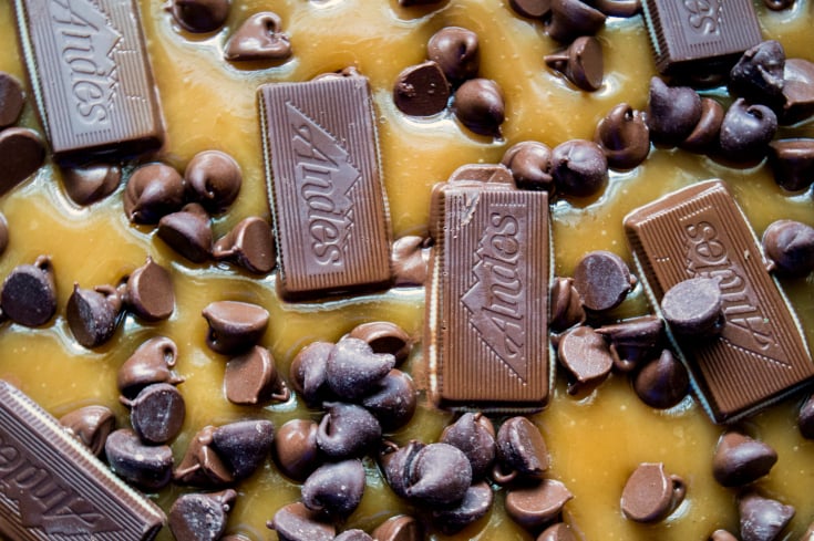 Andes Chocolate Toffee Bark - Andes and chocolate chips in caramel