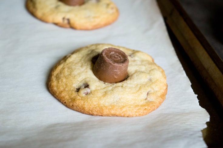Chocolate Chip Turtle Cookies - Baked cookies with rolo candy on top