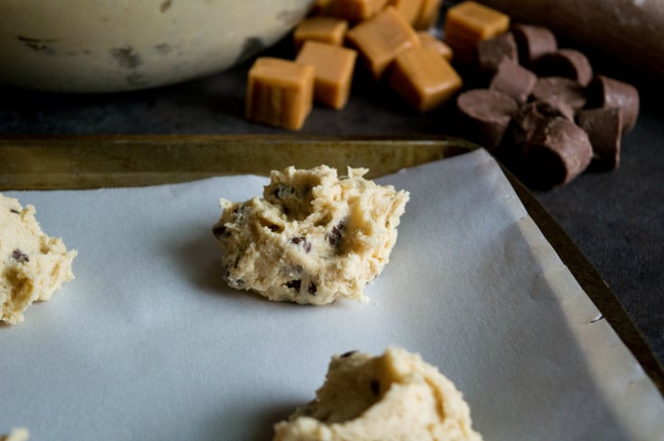 Chocolate Chip Turtle Cookies - Cookie batter on dropped on pan