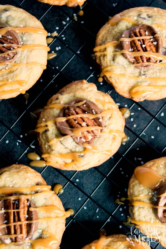 Chocolate Chip Turtle Cookies - Family Fresh Meals - Cookies on cooling rack