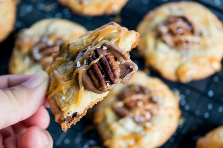 Chocolate Chip Turtle Cookies - hold half of a cookie