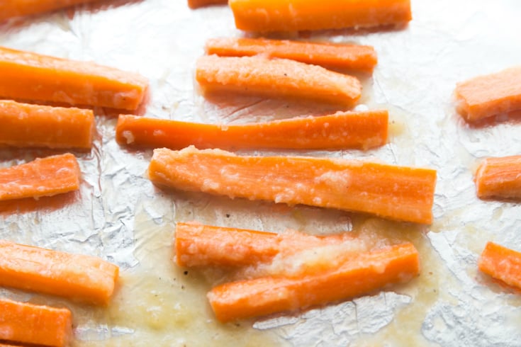 Honey Garlic Roasted Carrots - Carrots on baking sheet