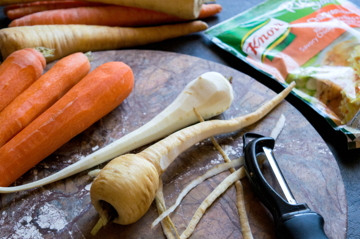 One Pot Winter Vegetables Chicken and Rice - Peeling carrots and parsnips