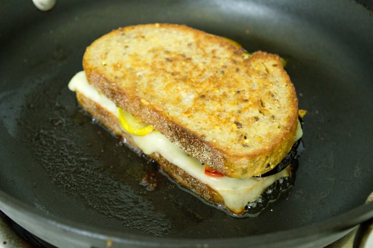 Roasted Vegetable Grilled Cheese - Grilled cheese cooking in pan