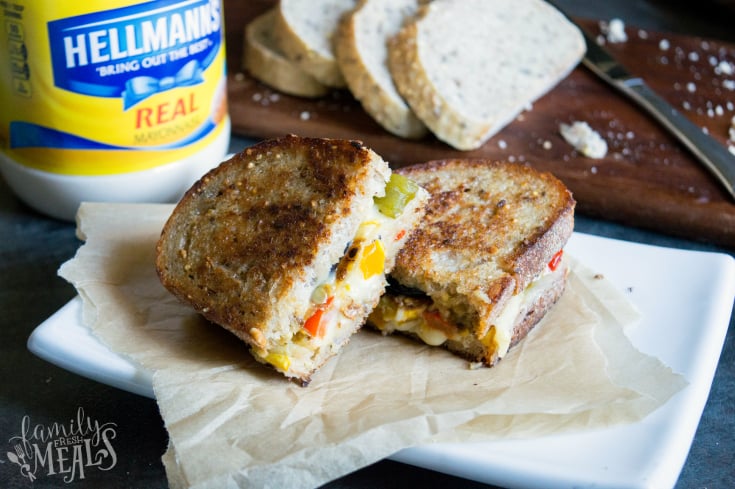 Roasted Vegetable Grilled Cheese - Sandwich cut in half