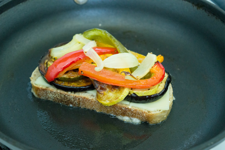 Roasted Vegetable Grilled Cheese - open faced grilled cheese in pan