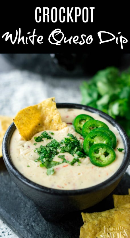 Warm, creamy, and spicy, this Crockpot White Queso Dip recipe will turn any gathering into a fiesta. This will be the hit of your next gathering! via @familyfresh