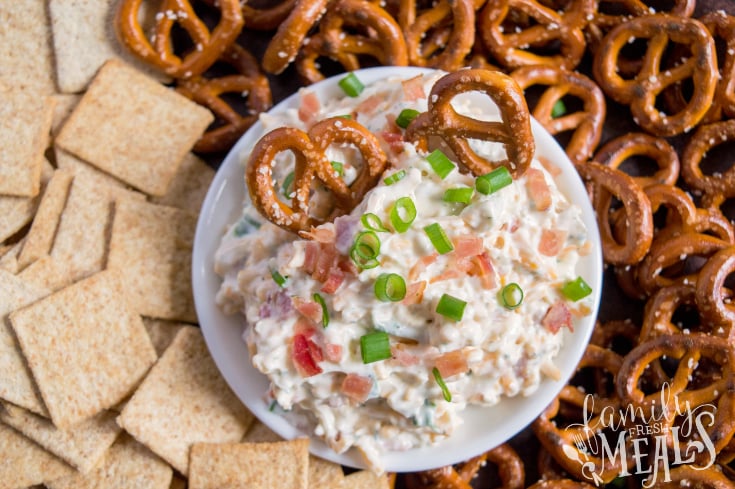 Loaded Crack Dip - Served in a bowl with pretzels and crackers - Family Fresh Meals