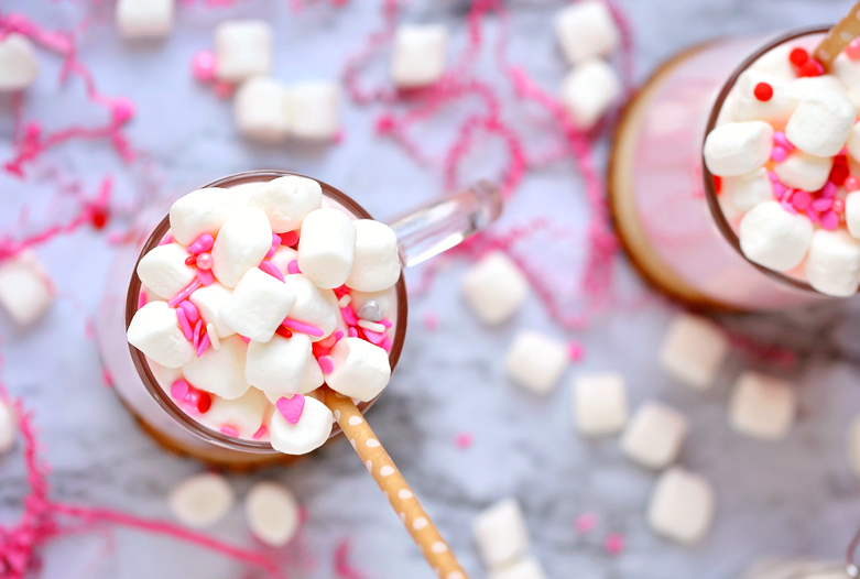 Valentine's Pink Hot Cocoa with Free DIY Gift Tags - Hot Cocoa DIY gift and tags - Pink Hot Cocoa Topped with Marshmallows - Family Fresh Meals
