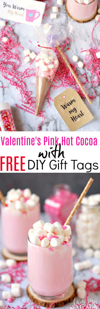 Valentine's Pink Hot Cocoa with Free DIY Gift Tags - Hot Cocoa DIY gift and tags - Pink Hot Cocoa Topped with Marshmallows - Family Fresh Meals