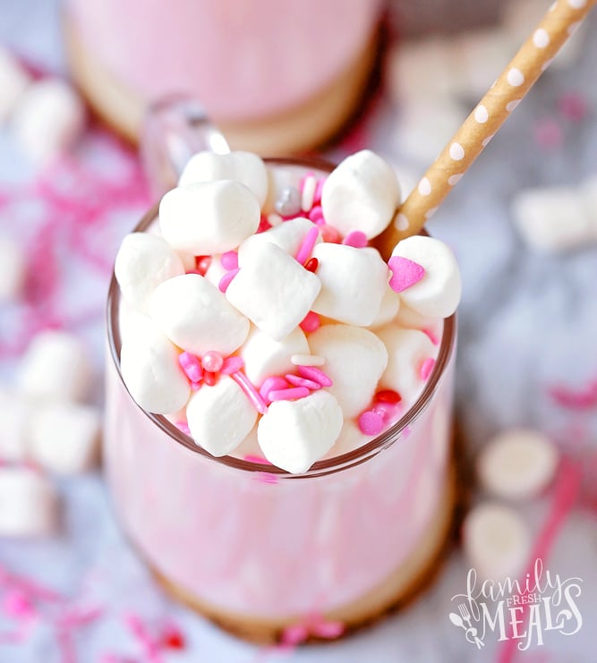 Valentine's Pink Hot Cocoa with Free DIY Gift Tags - Pink Hot Cocoa in glass - Family Fresh Meals