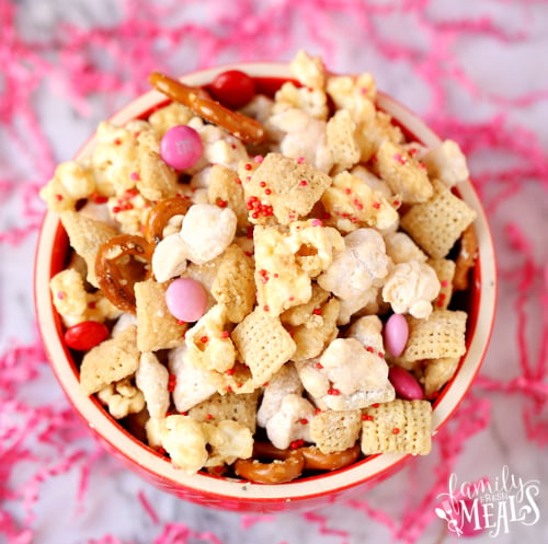Valentine's Day Snack Mix with Free Printables - Family Fresh Meals Free Valentine's Day Treat served in a bowl