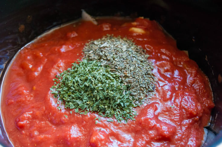 Crockpot Chicken Parmesan Soup - Ingredients in the slow cooker