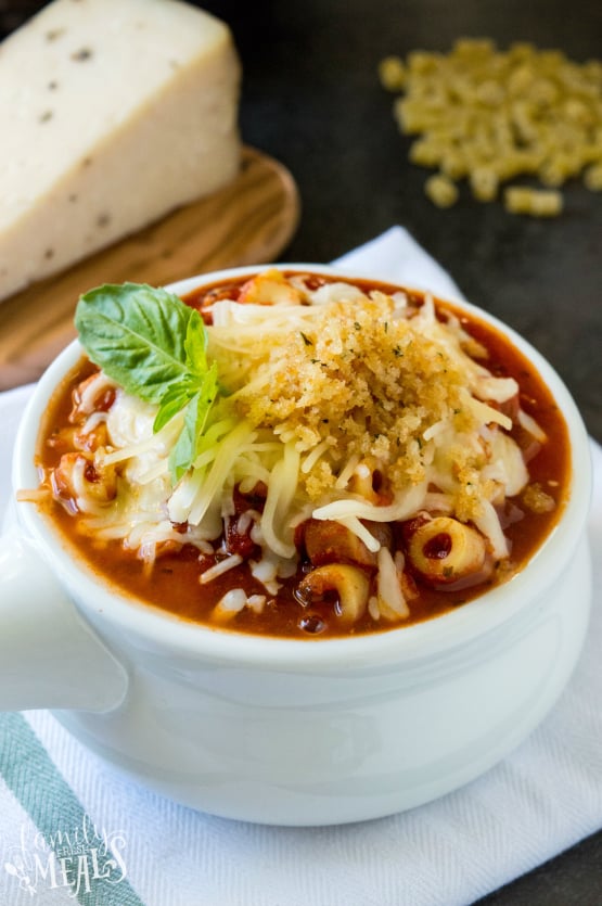 Crockpot Chicken Parmesan Soup in a white bowl