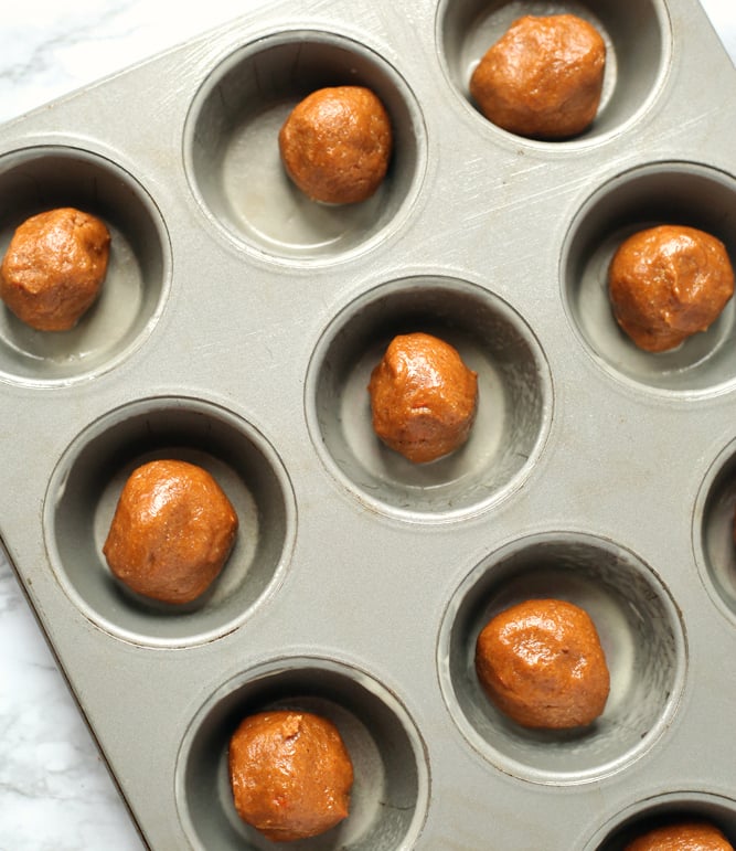 Carrot Cake Cookie Cups - cake batter rolled in a ball and in muffin tin cups