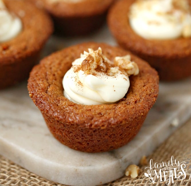 Carrot Cake Cookie Cups - carrot cake cups on a white marble plate