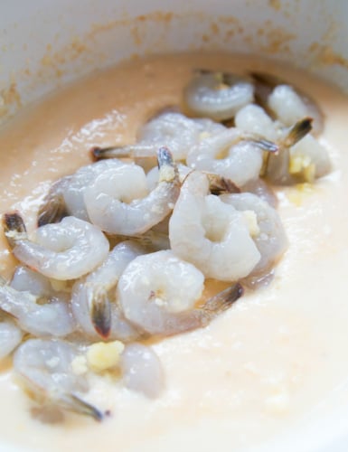 Crockpot Cheesy Grits and Shrimp - Shrimp placed on grits in slow cooker